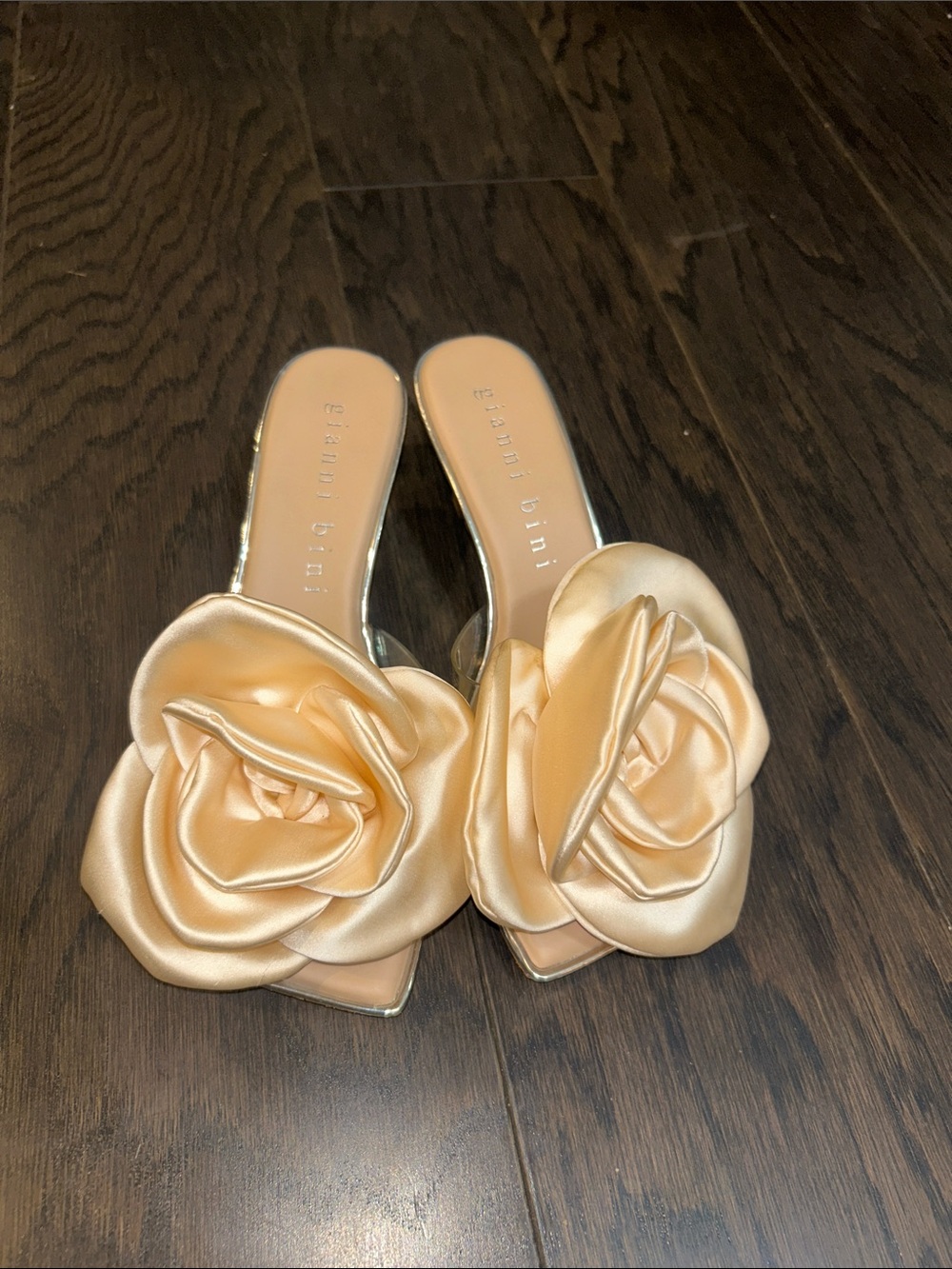 Gianni Bini Peach Satin Slide Mules with Rosette